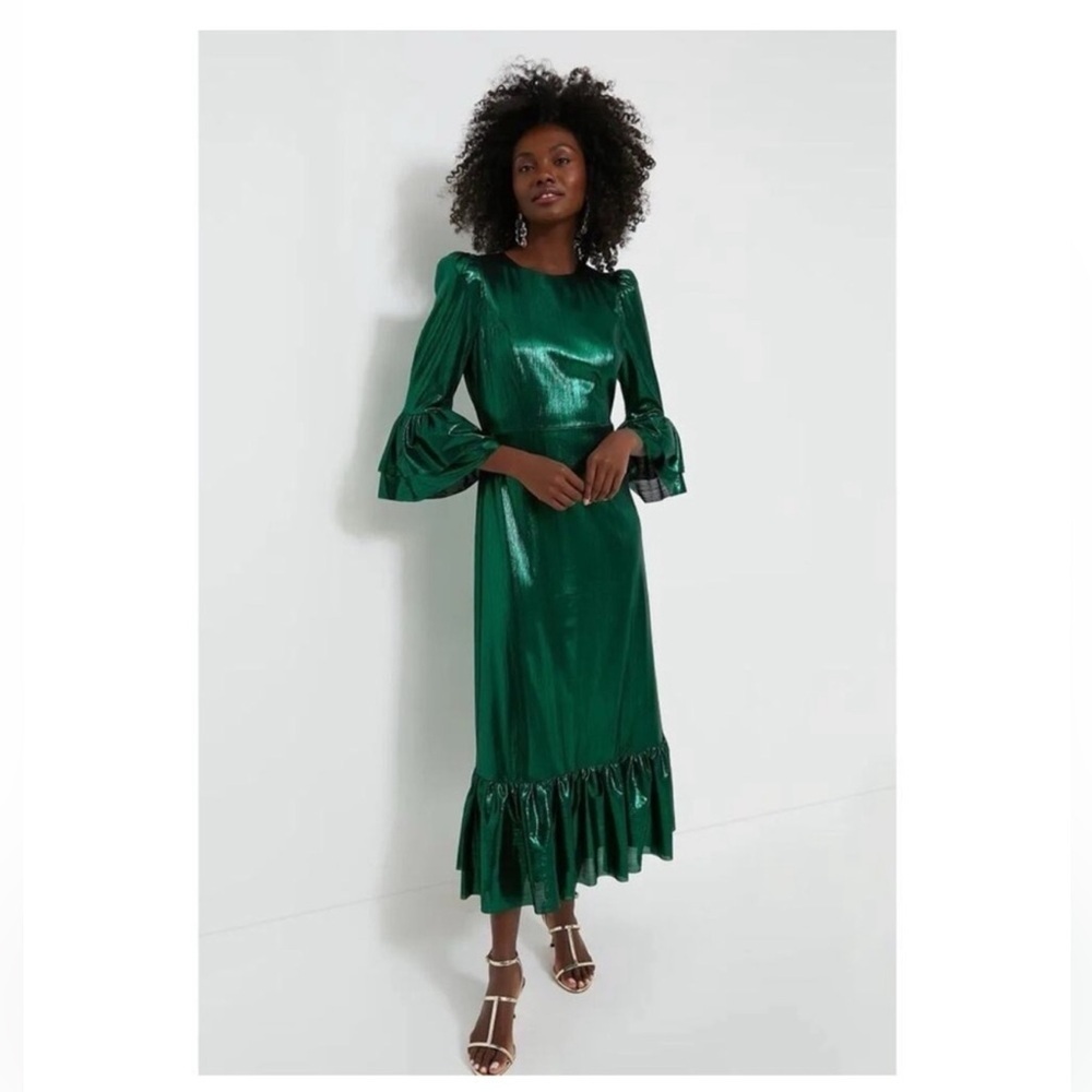 Pomander Place Emerald Crinkle Lurex Lilith Midi Dress L NWT Holiday Party